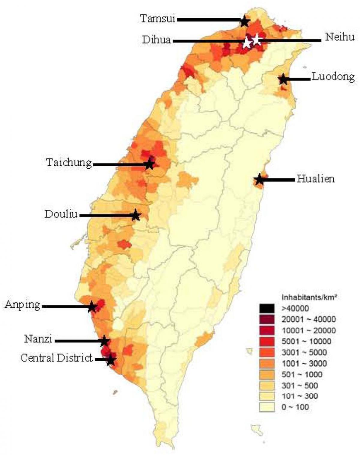 Taiwan densitatea populației hartă